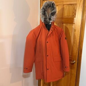 Michael Kors Orange and Gray Puffer Jacket with Faux Fur Trim